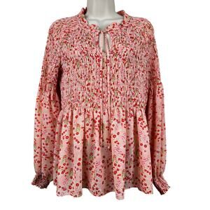Rose & Olive Blouse Top Ditsy Floral Smocking Puff Sleeve Pink L Fairy Prairie